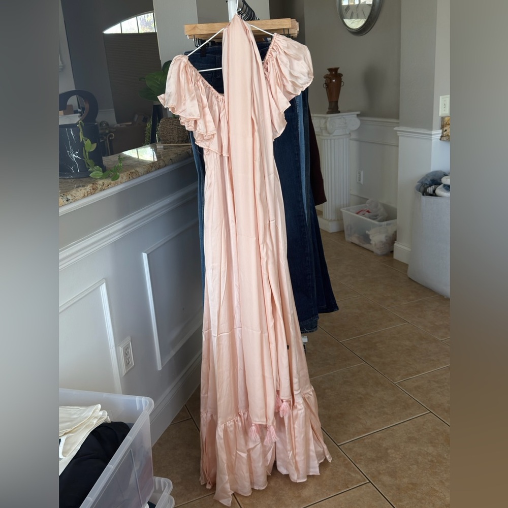 Elegant Blush Pink Maxi Dress with Ruffle Sleeves